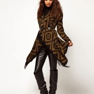 Aztec Print Cardigan Wrap Sweater w/ Fringe